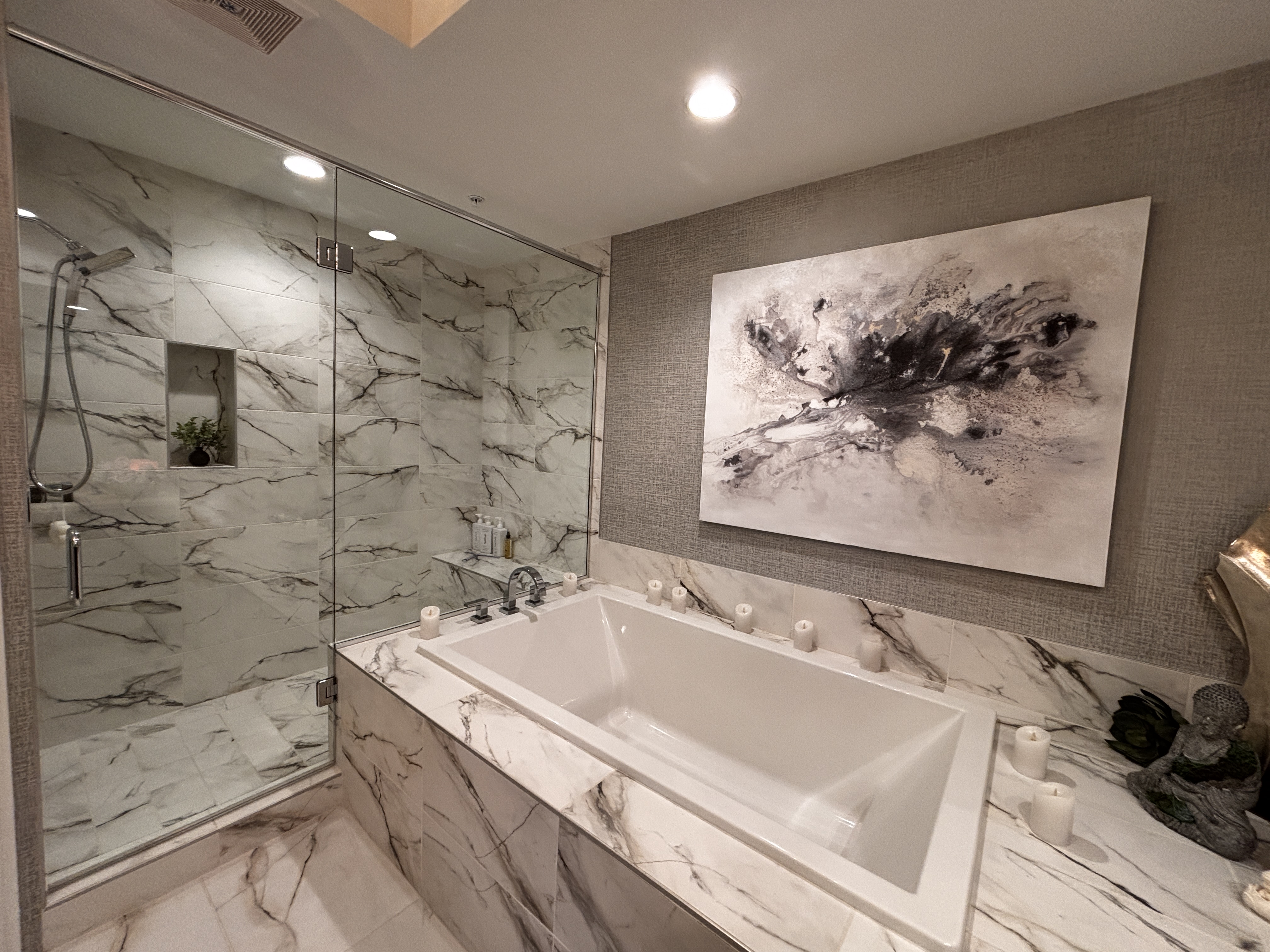 Spotless marble spa bathroom in a Pelican Landing home, Bonita Springs FL